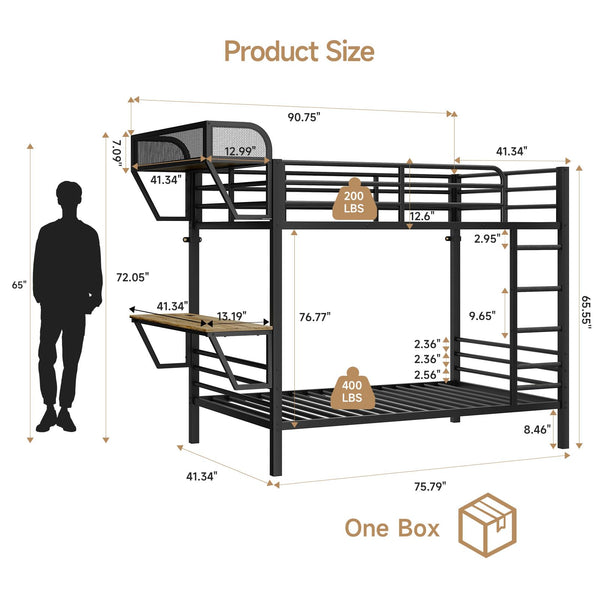 Twin Over Twin Metal Bunk Bed with Desk & Charging Station
