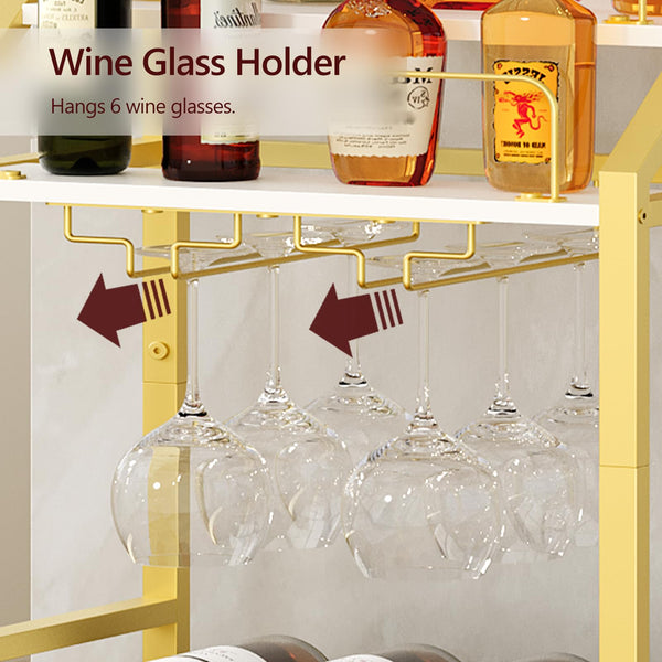 MAHANCRIS Bar Cart with Mirrored Shelf, Serving Cart for Home, Drink Cart with Wine Rack, Rolling Kitchen Cart with Wheels, Glass Holder, for Kitchen, Dining Room, Gold and White RCJW67M01