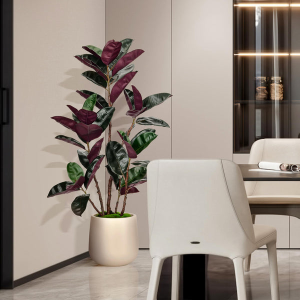 Artificial Rubber Tree with White Pot, 54.5" Tall