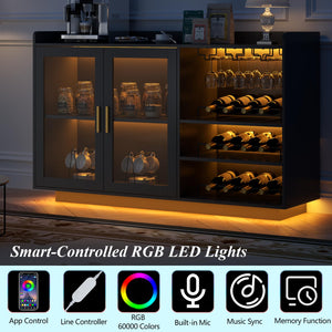 Wine Bar Cabinet with LED Lights, Glass Doors & Removable Wine Racks