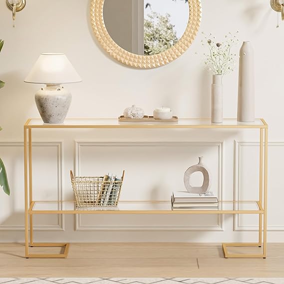 52" 2-Tier Console Table with Tempered Glass Shelves & Metal Frame