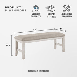 Upholstered Dining Bench with Wood Frame – Light Gray Fabric, Antique White Finish