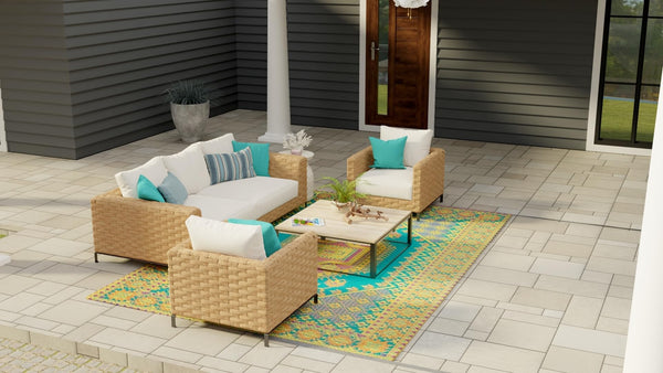 Outdoor Turkish Pattern Area Rug - Aqua, 6 ft x 9 ft