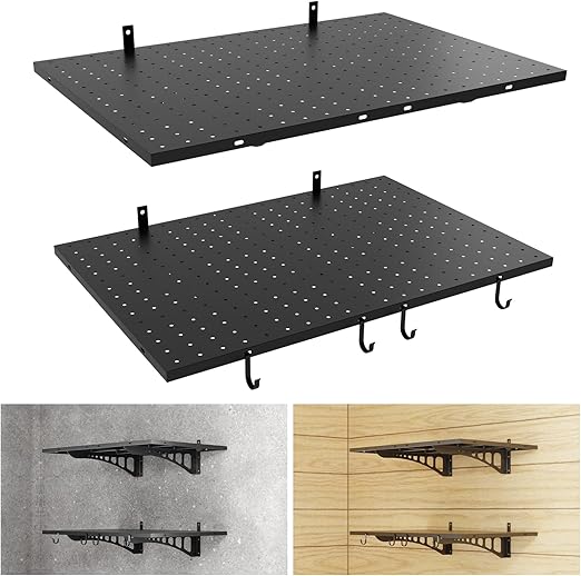 Heavy Duty Wall Mounted Garage Shelves with Hooks – 2-Pack