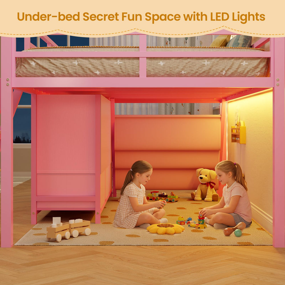 Twin Low Loft Bed with Storage Drawers, Bookshelf & LED Lights