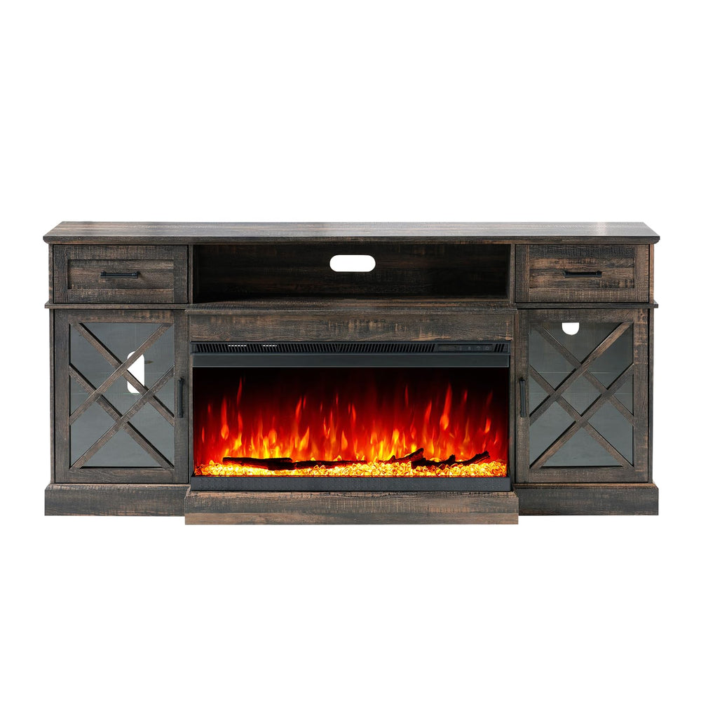 Farmhouse Fireplace TV Stand with 3-Sided LED Glass – 70" Entertainment Center