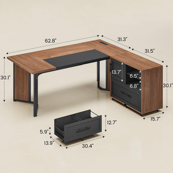 63" L-Shaped Executive Desk with File Cabinet & Power Outlets