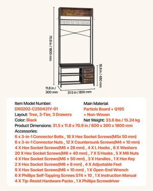 Hall Tree with Bench & Shoe Storage