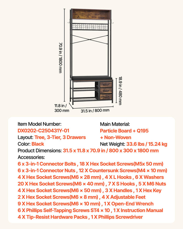 Hall Tree with Bench & Shoe Storage