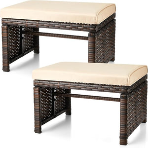 Outdoor Wicker Patio Ottoman Set of 2 with Removable Cushions