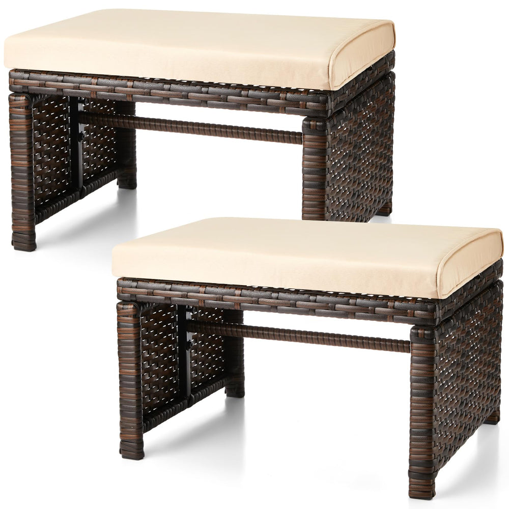2-Pc Outdoor Rattan Ottoman Set with Removable Cushions