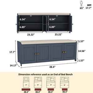 48.4" Shoe Storage Bench with Cushion & 4 Doors — Blue