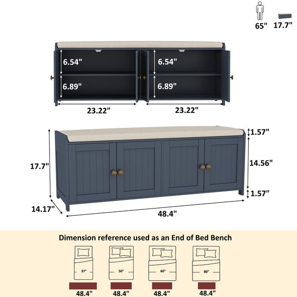 48.4" Shoe Storage Bench with Cushion & 4 Doors — Blue