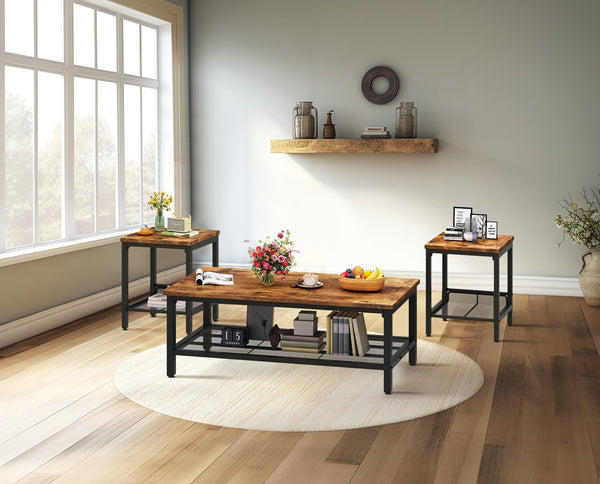 3-Piece Coffee Table and End Table Set – Rustic Brown Wood & Metal