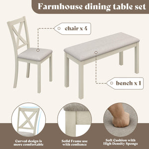 6-Piece Farmhouse Solid Wood Dining Table Set with Chairs and Bench