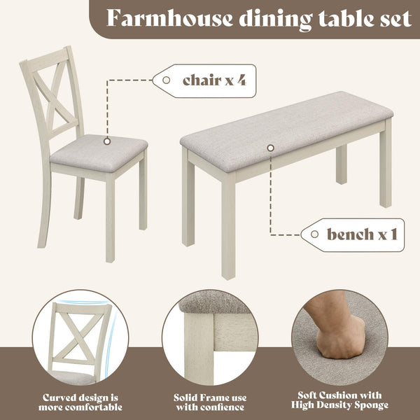 6-Piece Farmhouse Solid Wood Dining Table Set with Chairs and Bench