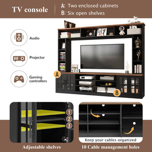 95.5" Wall Unit TV Stand Set with Bookshelves, Entertainment Center for Televisions Up to 80", Large Media Console with Cabinets and Tempered Glass Doors for Living Room