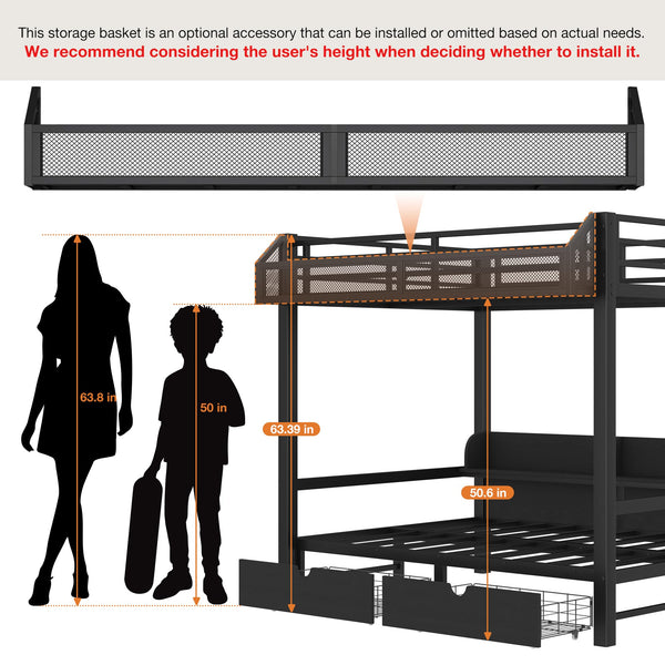 Queen Over Queen Bunk Bed with Storage Drawers, LED Lights & Charging Station