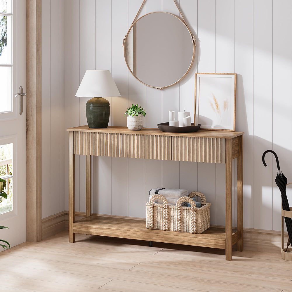 47" Fluted Console Table with Drawers & Open Shelf