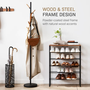 Freestanding Coat Rack with Wooden Hooks – Steel Stand for Entryway