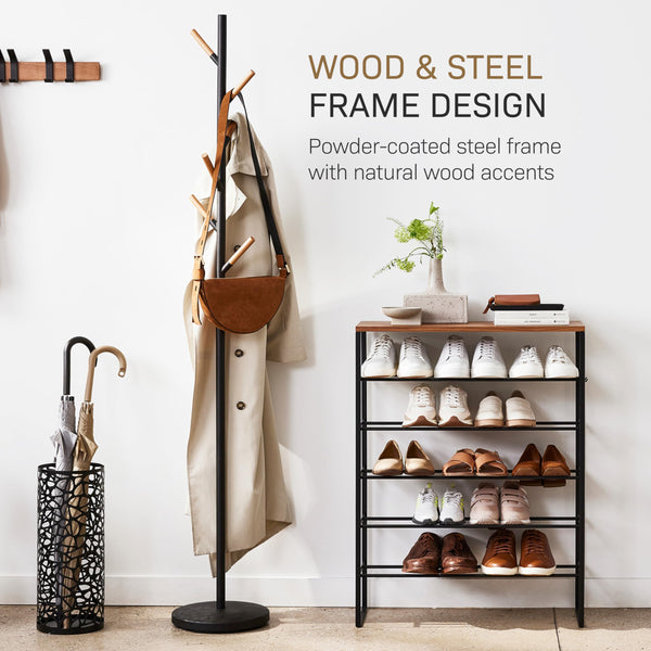 Freestanding Coat Rack with Wooden Hooks – Steel Stand for Entryway