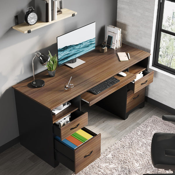 59" Computer Desk with Drawers, File Cabinet & Keyboard Tray