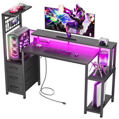Gaming Desk with LED Lights, Power Outlets & Storage Drawers