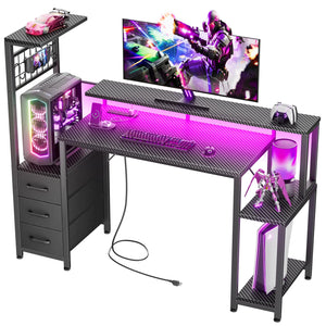 Gaming Desk with LED Lights, Power Outlets & Storage Drawers