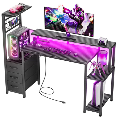Gaming Desk with LED Lights, Power Outlets & Storage Drawers