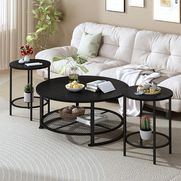 Round Coffee Table and End Table Set of 3 with Storage