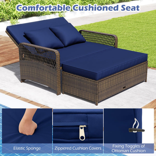 Outdoor Rattan Daybed Loveseat Set with Storage Ottoman & Cushions