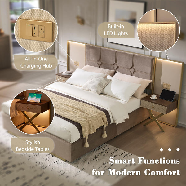 Queen Bed Frame with LED Lights, Charging Ports & Nightstands