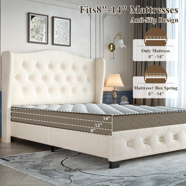 Queen Velvet Wingback Bed Frame with Tufted Headboard