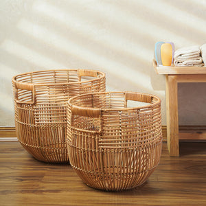 Round Rattan Storage Baskets Set of 2 with Handles