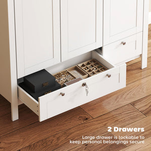 3-Door Armoire Wardrobe Closet with 2 Drawers and Hanging Rod