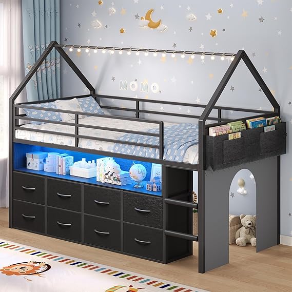 Twin Size Kids Loft Bed with Storage Drawers & LED Lights