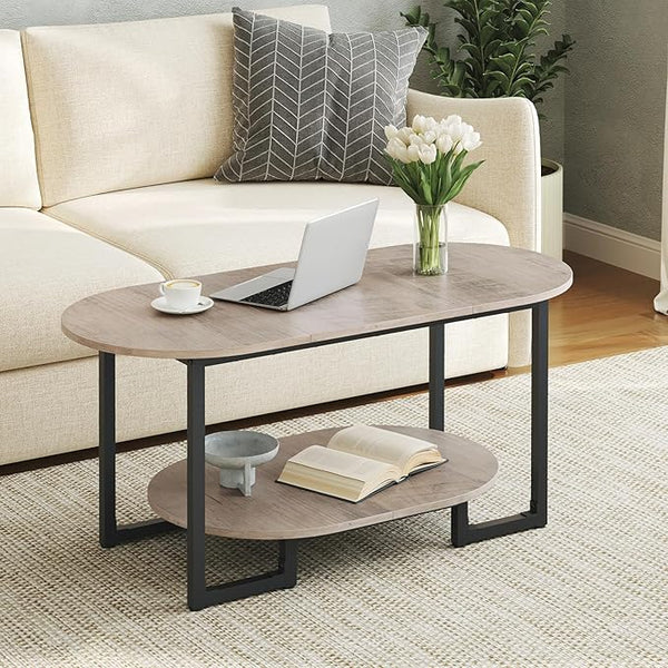 Oval Coffee Table with 2-Tier Open Storage Shelf