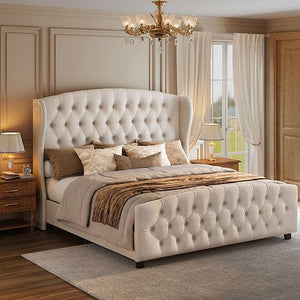 Upholstered Wingback Platform Bed Frame with Tufted Headboard