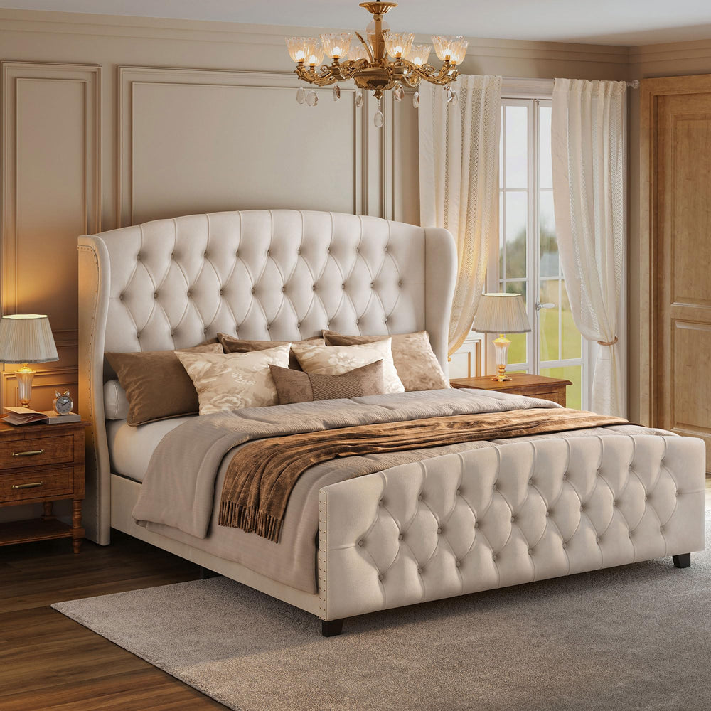Upholstered Wingback Platform Bed Frame with Tufted Headboard