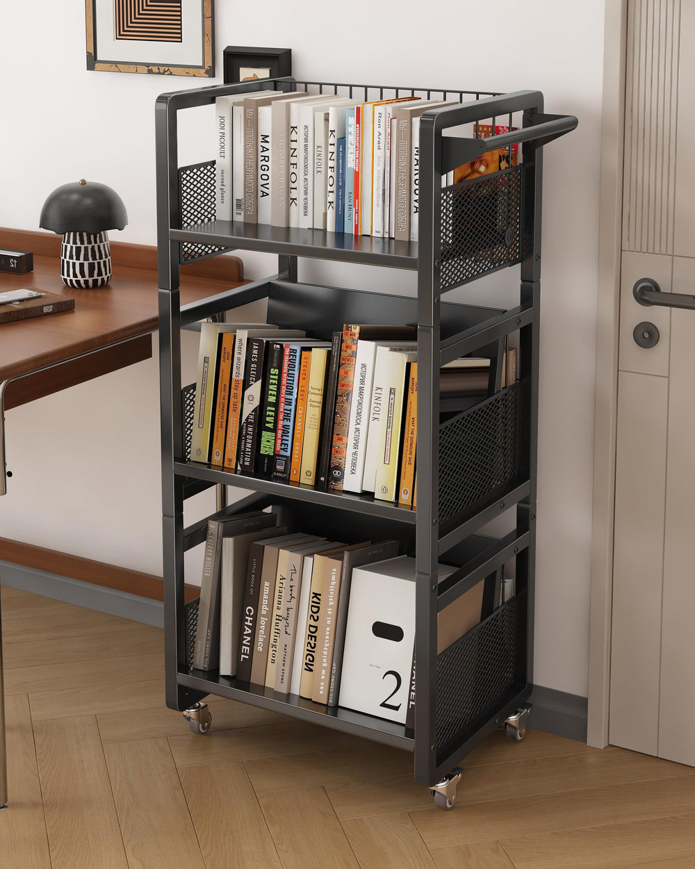 3-Tier Double-Sided Rolling Book Cart with Magnetic Supports