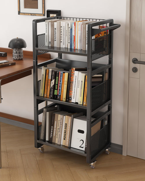 3-Tier Double-Sided Rolling Book Cart with Magnetic Supports
