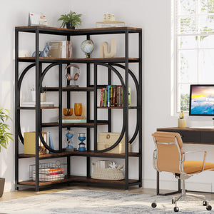 Tribesigns 7-Shelf Corner Bookshelf, Large Modern Corner Bookcase, Tall L-Shaped Corner Shelf Stand Display Rack with Storage, Metal Frame for Living Room Home Office (Rustic Brown)