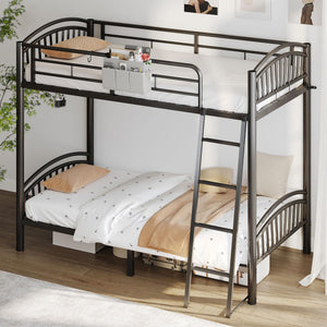 Twin Over Twin Metal Bunk Bed with Storage & Convertible Ladder