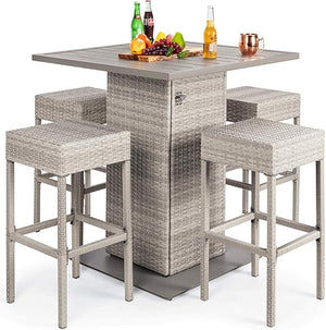 5-Piece Outdoor Wicker Bar Table Set with 4 Stools