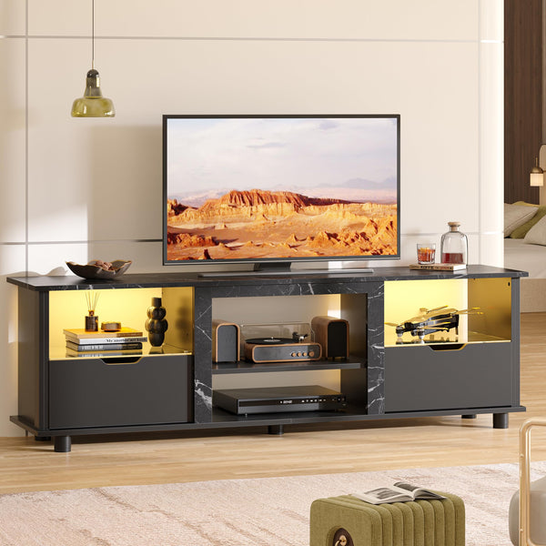 70" Gaming TV Stand with LED Lights, Drawers & Glass Shelves