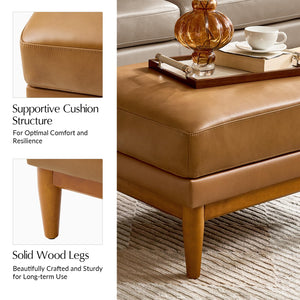 Genuine Leather Ottoman Coffee Table with Solid Wood Legs