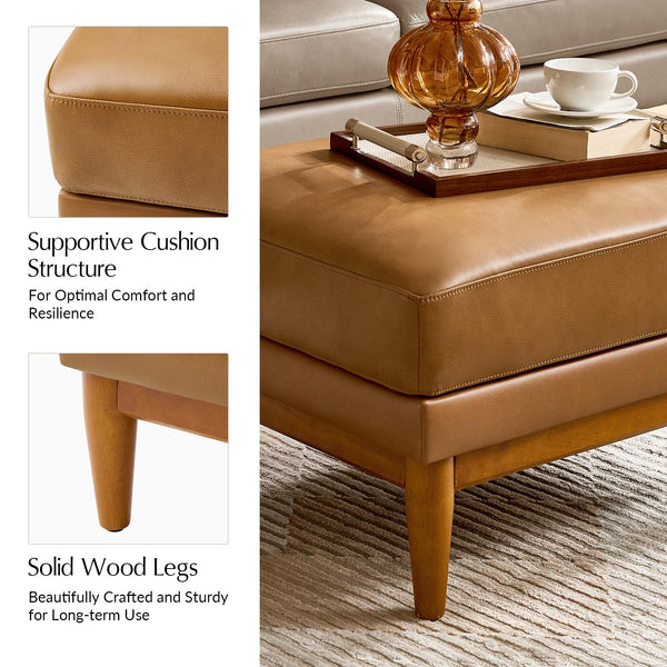 Genuine Leather Ottoman Coffee Table with Solid Wood Legs