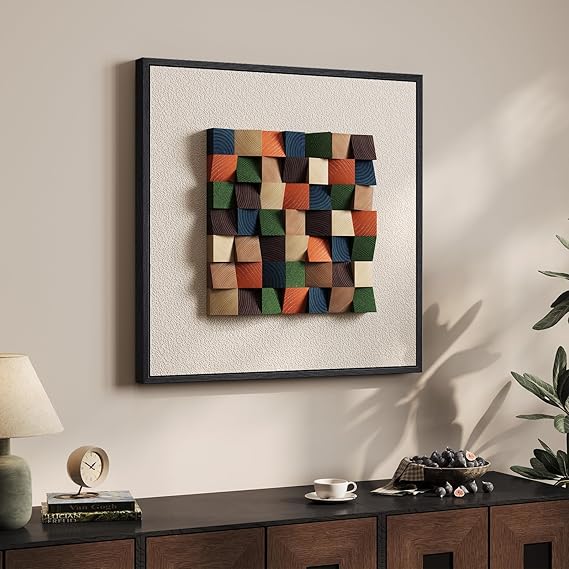 3D Solid Wood Block Wall Art – Geometric Minimalist Square Panel