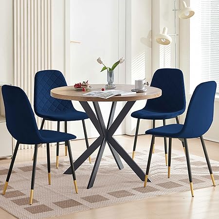 Round Dining Table Set for 4 with Velvet Chairs