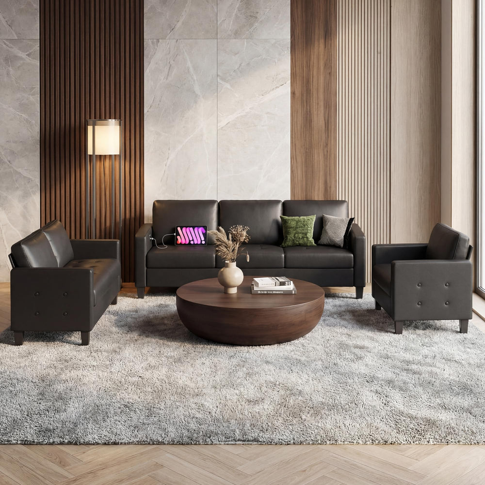 Black Faux Leather Tufted Sofa with USB Charging